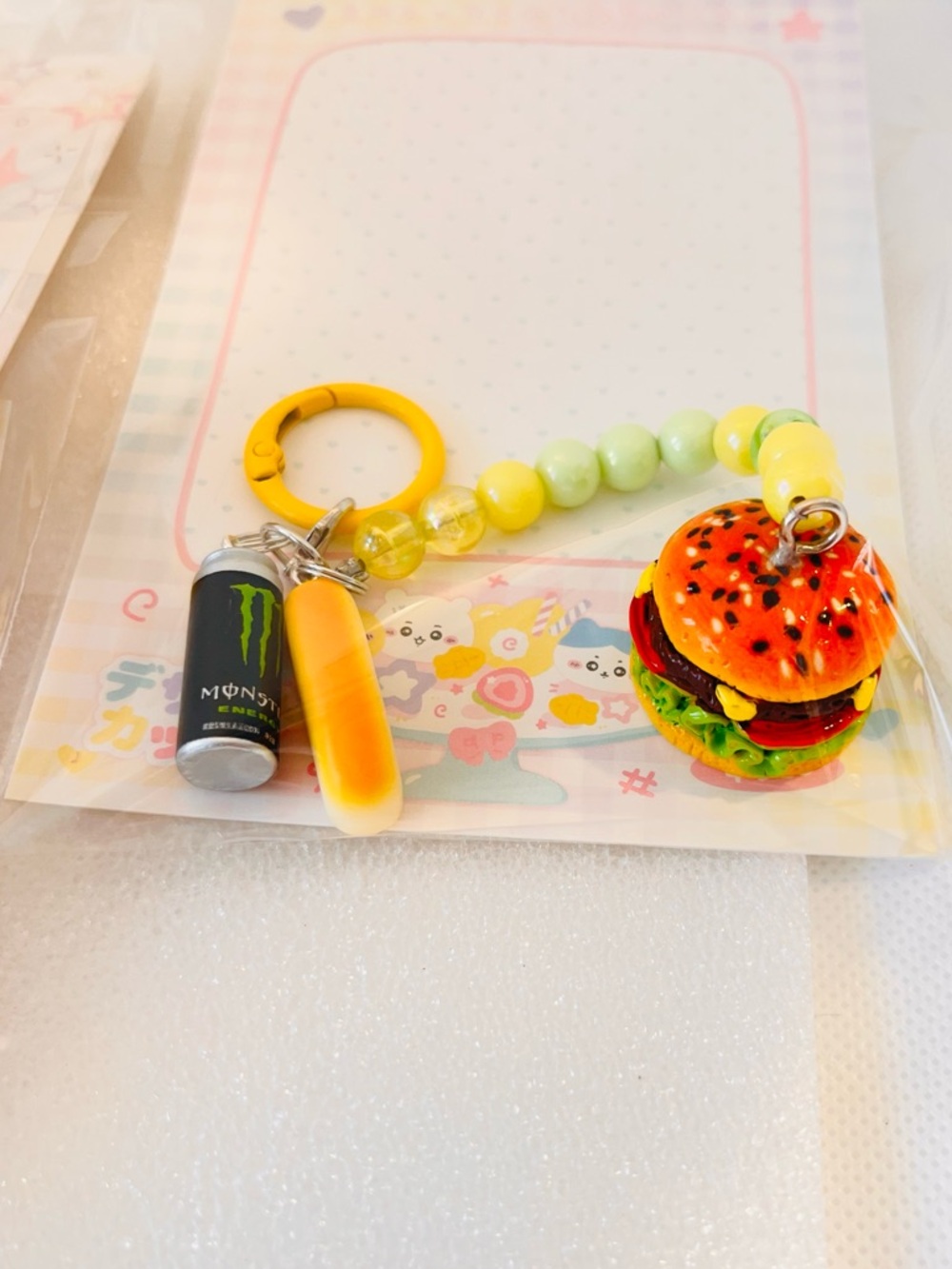 Handamade Yellow Beaded Burger & Drink Keychain